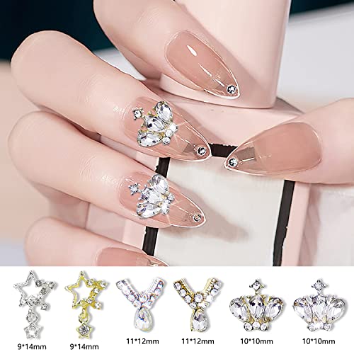 Xeaohesy 30pcs 3d Charms de unhas de ouro e coroa de prata para acrílico Binchs embutido strinstones transparentes Diamantes
