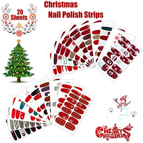 Jerclity 280 peças 20 folhas de pishol de Natal tiras de unhas cheias de unhas para mulheres de Natal Art Auto-adesivo