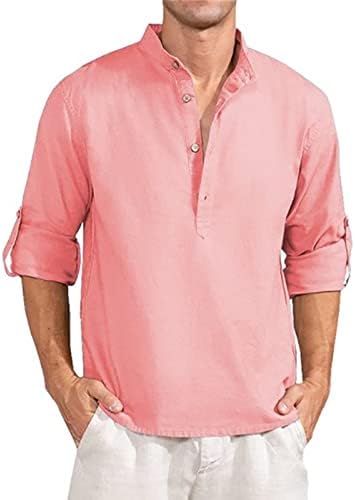 Segaven Men's Spring Autumn Cotton Linen Solid Color Sleeve longa Camisas laminadas soltas Henry Dressy Breathable Tops