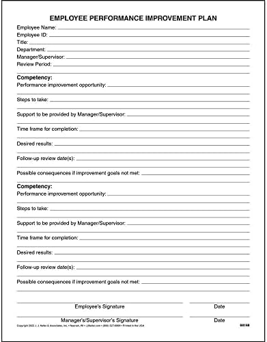 Formulário do plano de melhoria de desempenho dos funcionários, 8,5 x 11, 75 pacote