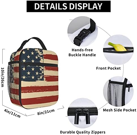 lancheira portátil de srufqsi, pincelada de arremesso americano de bandeira americana com bolso com bolso lateral, lancheiras reutilizáveis
