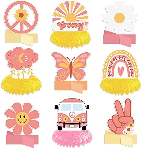 Kidzvefun Groovy Party Decorações, 9 pacote de pacote Hippie Décor Honeycomb, Retro Pink Daisy Boho Sweet Flower Beauty