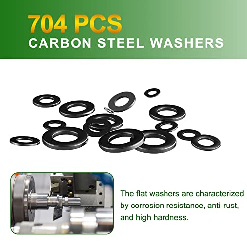 Arruelas para parafusos 704pcs, lavadoras planas Conjunto de arruelas de metal de aço carbono, kit de sortimento para lavadoras de