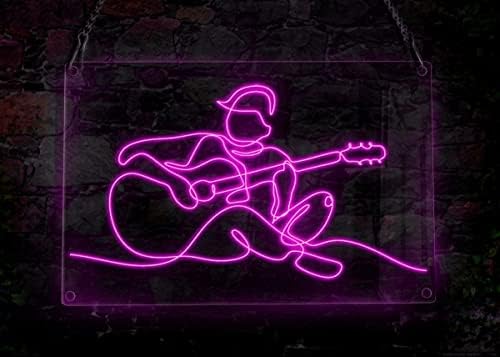 Tocando o cara do instrumento de guitarra acústico SIT SIT RELAGEM SONG para torná -lo feliz lazer, o sinal de luz neon