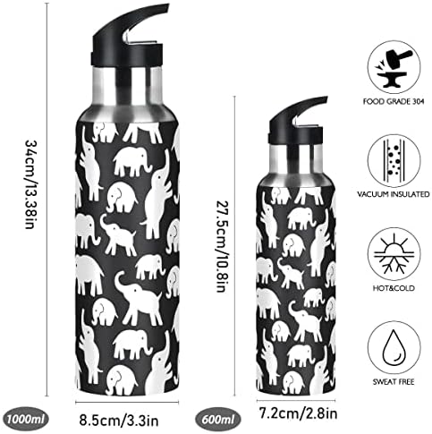 Elefantes de desenho animado de glaphy Black 32 oz garrafa de água, garrafa de água com aço inoxidável isolada com tampa