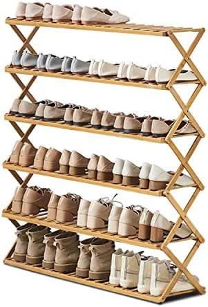 Rack de sapato de bambu colapsível iotxy - grande organizador de armazenamento de prateleira de sapatos sem montagem de 6 camadas de 6 camadas sem montagem, madeira de entrada