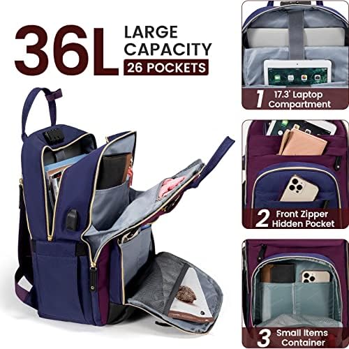 Backpack de laptop LoveVook para mulheres, se encaixa em laptop de 17 polegadas, bolsa anti-roubo de trabalho de moda com trava, bolsa de mochila à prova d'água de computador, mochilas da faculdade, roxo-azul-preto