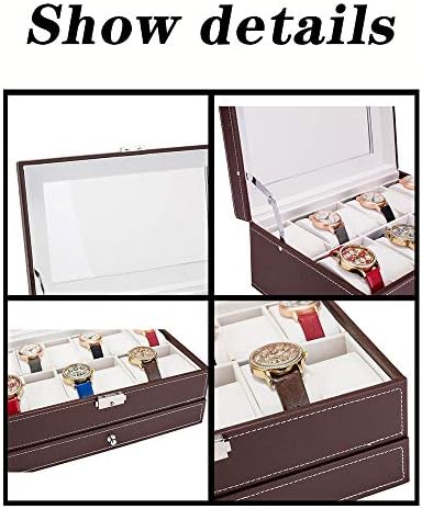 Caixa de armazenamento de relógios Issei, caixa de relógio de 12 slot pode travar o armário de exibição de jóias. Couro artificial com tampo de vidro real. Para armazenamento e exibição
