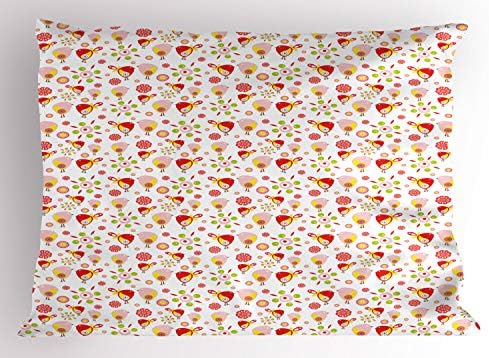 Ambesonne Cartoon Pillow Sham, doodle Padrão colorido de flores e pássaros abstratos, travesseiro impresso de tamanho padrão decorativo, 26 x 20, multicolor