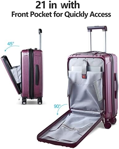 Conjunto de bagagem 2 peças 21/24, 21 polegadas 45L com bolso laptop dianteiro e 24 polegadas expansíveis 69-79L, ABS+PC Hardshell