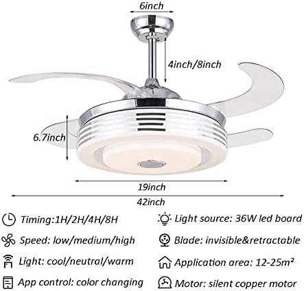 JJKUN 42 Candelador de ventilador retrátil com controle remoto, luz moderna do teto do ventilador com luz de teto de 3 velocidades