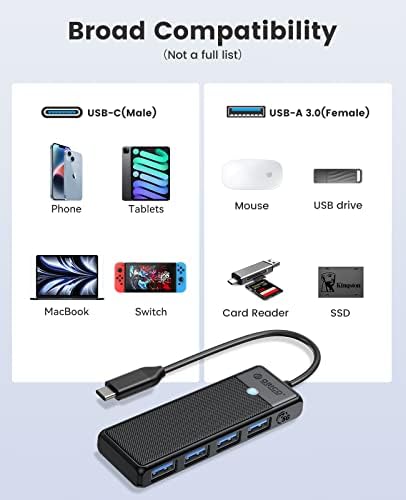 ORICO USB C Hub 4 Portas, adaptador USB C para USB com 4 portas USB 3.0, Splitter USB C Compatível para laptops MacBook, Surface,