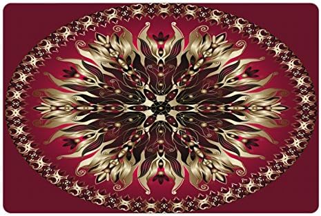 Mandala Lunarable tapete de estimação para alimentos e água, ornamentado moldura floral redonda com redemoinhos abstratos vintage, retângulo de borracha sem deslizamento para cães e gatos, magenta roxa escura