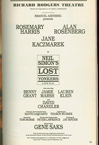 Perdido em Yonkers, Broadway Playbill + Jane Kaczmarek, Alan Rosenberg, David Chandler, Jamie Marsh, Benny Grant, Rosemary Harris,
