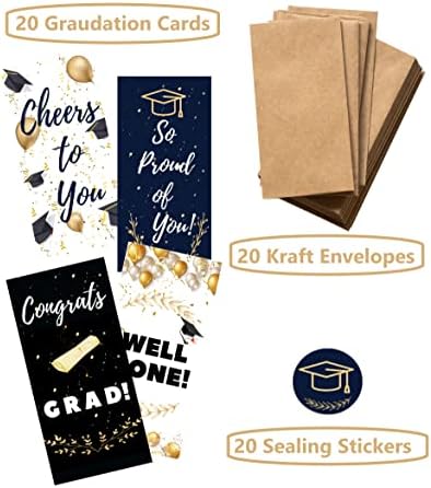 Cartões de formatura Pinkeesea 2023-20 Pacote - Cartões de graduação com envelopes Kraft com adesivos - Cartões de graduação
