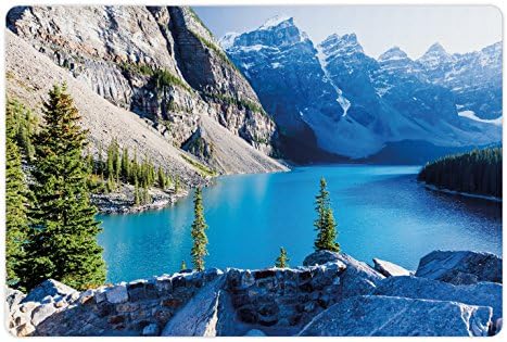 Tapete de animais de estimação da natureza lunarável para comida e água, Moraine Lake Banff Parque Nacional Montanhas Canadá Pines
