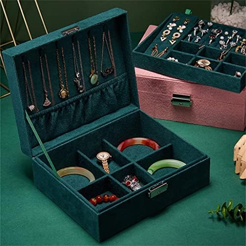 ZSEDP Caixa de jóias de viagem portátil de dupla camada com veludo de veludo verde e estojo de armazenamento organizador para brincos
