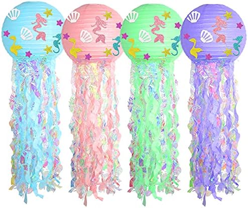 4pcs Sereia lanternas de água -viva penduradas de papel para crianças com decorações de festas de aniversário com temas de sereia