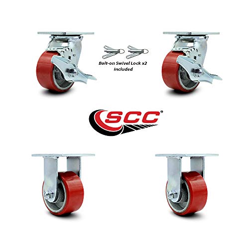 Poliuretano em rodas de giro giratório de ferro fundido conjunto de rodas de 4 w/4 x 2 rodas vermelhas - inclui 2 giro com freios