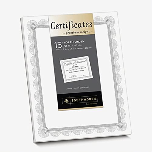 Certificados Premium de Southworth CTP2W, Borda branca, Spiro Silver Foil, 66 lb, 8,5 x 11, 15/pacote