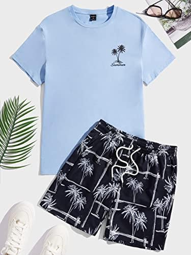 Roupas de duas peças para homens Men Tropical & Letter Graphic Tee & Drawstring Surfras da cintura