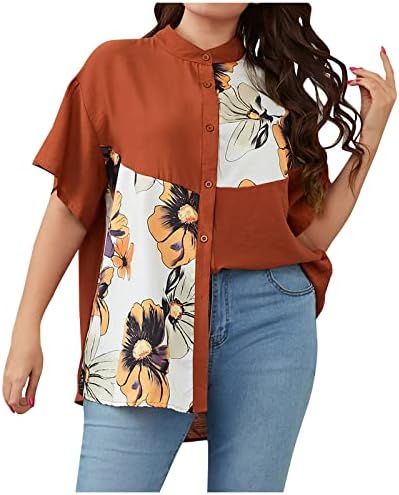 Tampas de tamanho grande feminino, algodão confortável e botão de linho para baixo, camisas para baixo, blusa de manga curta gráfica floral