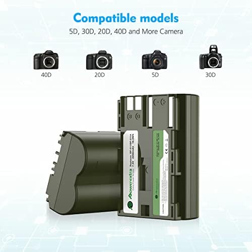 PowerExtra BP-511 BP-511A 2 Bateria de embalagem e carregador USB duplo com tela LCD inteligente para Canon 5D 10D