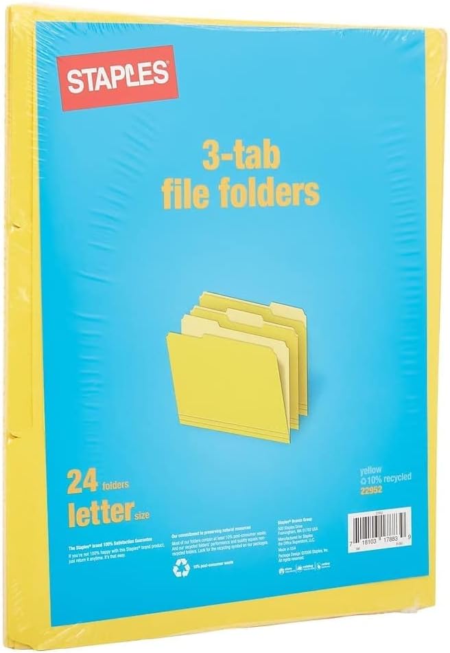 MyOfficeInnovations 659800 Pastas de arquivo, 3-TAB, tamanho da letra, amarelo, 24/pk