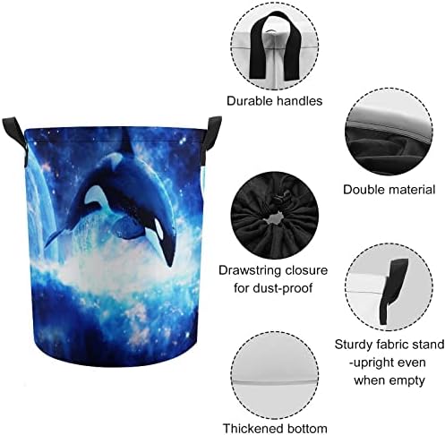 Pular baleia assassina de baleia redonda de lavanderia cesto de armazenamento à prova d'água com tampa de cordão e alça