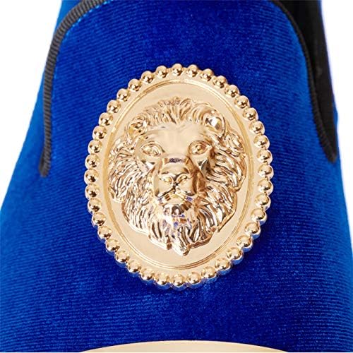 Sapatos de mocassins de veludo azul ajustados para homens com fivela de leão dourada e placas feitas à mão