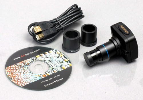 AMSCOPE T360B-5M Microscópio de composto trinocular digital, ampliação 40x-2000x, oculares wf10x e wf20x, campo brilhante, iluminação LED, condensador abbe, estágio mecânico de camada dupla, inclui câmera de 5MP com lente de redução e software