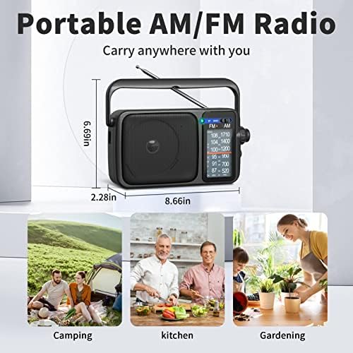 Rádio Yowgulf Am FM com melhor recepção, rádio transistoral portátil Bluetooth, rádio operado por bateria ou energia CA, mostrador