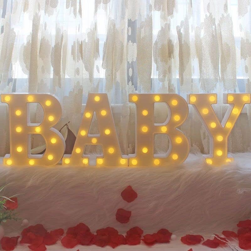 Zuokemy 4 LED Baby Marquee Light Light, Luz decorativa de monograma grande, letras brancas brilhantes perfeitas para festa de chá de bebê, festa de aniversário, decoração de parede de mesa de berçário de quarto de casa