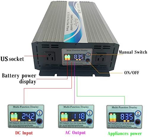 KRXNY 3500W Inversor de potência 24V DC a 110V 120V CA Pure Sine Wave 60Hz com tela LCD para carro/RV/OFF Solar