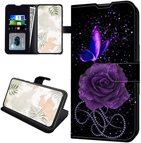 Janenfna para a capa da carteira Samsung Galaxy A03S com slot para cartão de bloqueio RFID, capa de couro macia para galáxia A03s, capa de telefone de kickstand para galáxia A03s, roxa rosa borboleta