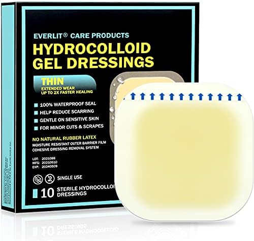Molho de ferida hidrocolóide Everlit | Bandagem adesiva à prova d'água 4 x 4 [pacote de 10] | Cura estéril e avançada para fuga de acne, feridas na cama, úlceras e bolhas