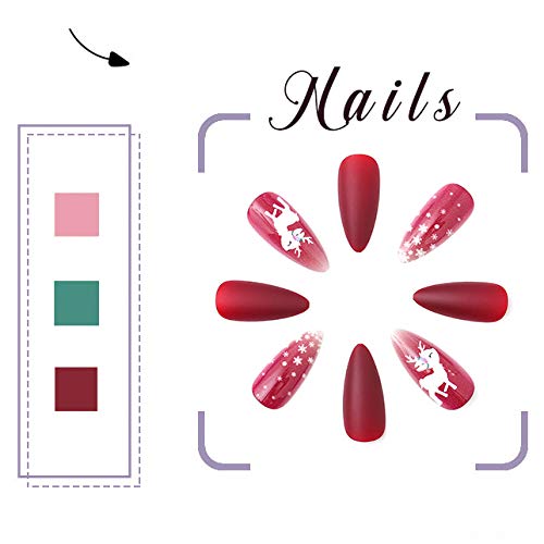 Aceorna Steletto Matte Press On Nails Red Long Fake Nails Snowflake rena Tampa completa acrílica unhas de Natal Dicas de unhas