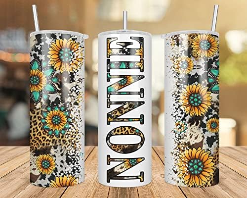 QPTADESIGNGIFT Nonnie Girassol Turquesa Gem pedra preciosa e leopardo - Tumbler angustiado de couro magro não -Nie - Tumbler ocidental de 20 onças de copo skinny - Gift Nonnie