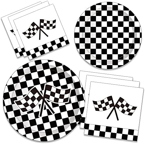 Racing Car Check Bandy Birthday Party Tabelware Setes Serve 24 - Placas de papel descartáveis ​​de 7 polegadas, placas