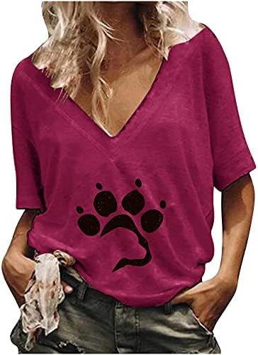 Tops de verão femininos, tops casuais femininos de manga curta v riscos de pata de gato de pata de t-shirt blusa