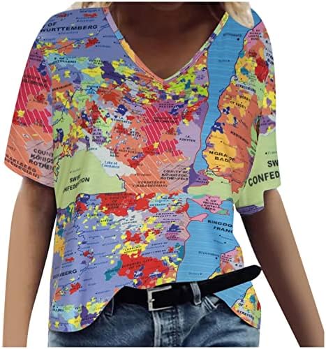 Blusa do pescoço profundo Mulheres do outono vestuário de verão Counto country Manga curta Camiseta gráfica de algodão para meninas