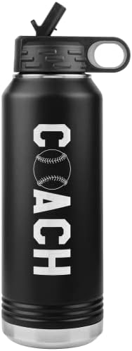 JFWCreations Baseball Treinador de água garrafa de água - 32 onças de aço inoxidável gravado 32 onças Top de aço inoxidável com presente
