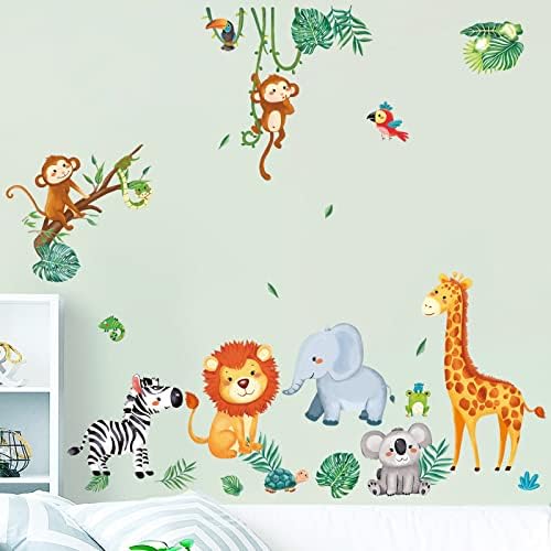 Decálmile Aquarela Aquarela Palheres de parede de palmeira com decalques de parede de animais da selva Decals de quarto de crianças