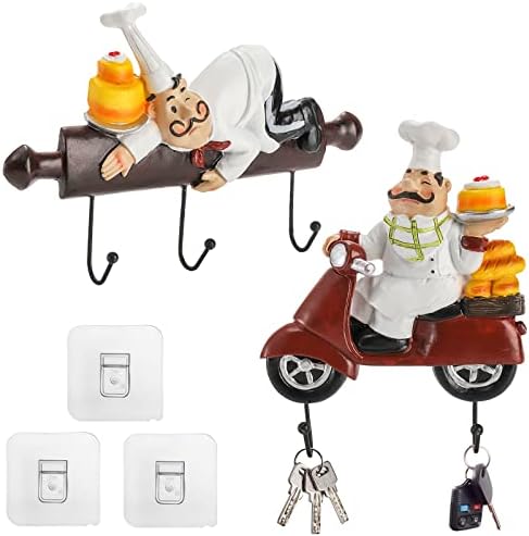 Lyellfe 2 Pack Chef Wall Hook, cabide fofa para adesivo de parede, figuras de cozinha de chef francês pesados ​​para sacos, chapéus,