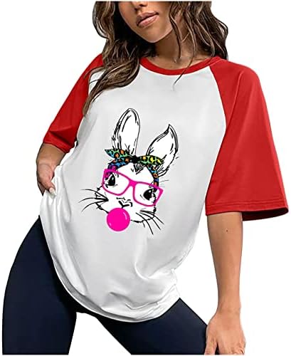 Manga curta de manga curta Rabbit T-shirt Block Color Block Crewneck Casual Summmer Raglan Shirt