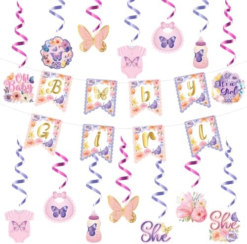 Japbor 21pcs Butterfly Baby Shower Soltening Swirls Decorações para meninas, Butterfly Floral Baby Girls Gênero Revelar Banner