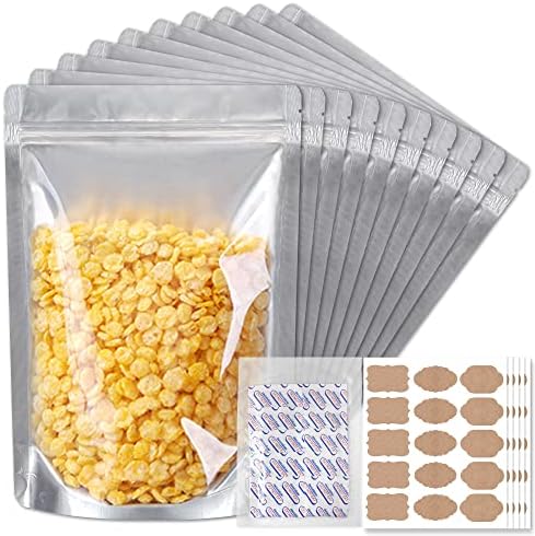 Mylar sacos para armazenamento de alimentos, 1 quart50 pacote reutilizável Mylar sacos com absorvedor de oxigênio 400cc