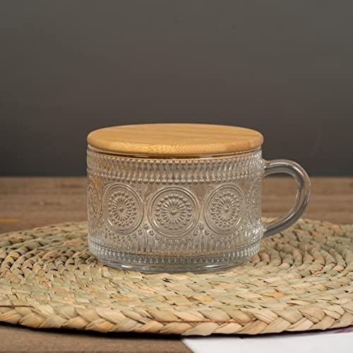 Cosnou Vintage Glass Coffee Cups com tampa, canecas de vidro 14 onças de 2 com alça, para cappuccino, café com leite, chá, cereal,