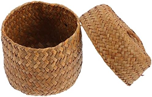 Cesto de lavanderia happyyami cestas de lavanderia redonda de palha redonda com tampa mini cesta de flores pequenas caixa de ervas marinhas