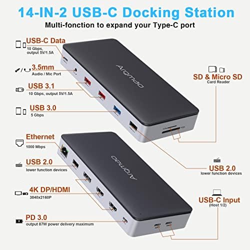 Projetado especificamente para o MacBook Pro Air com exibição tripla diferente no modo estendido, 14 em 2 USB C Laptop Docking Station, HDMI e DP Monitor duplo 4K, USB C/A Port, PD, Ethernet, SD/TF, Audio/Mic